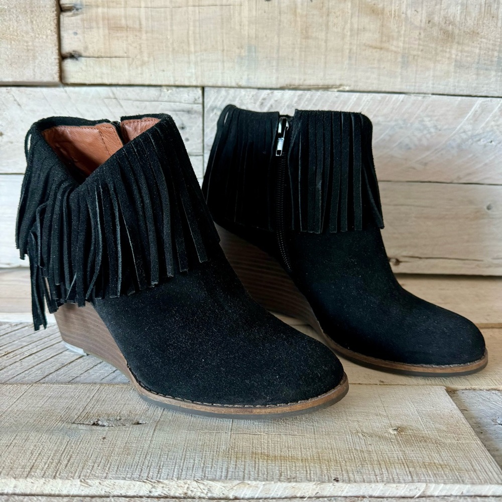 Lucky Brand Black Suede Fringe Bootie 7.5